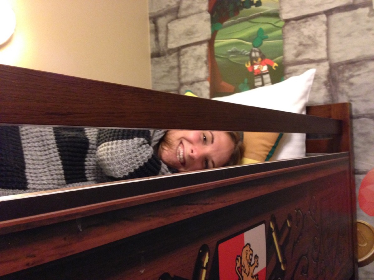 Kate in a castle-themed bunk at the Legoland Hotel