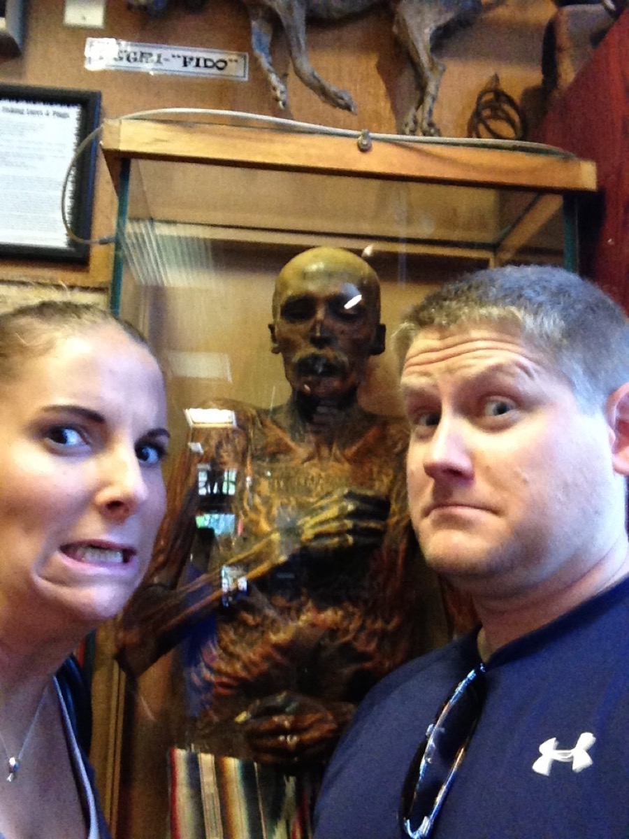 Kyle and Kate with Sylvester the mummy at Ye Olde Curiosity Shop