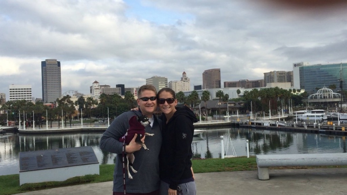 Kyle and Kate with Drifter at the Long Beach waterfront after the proposal